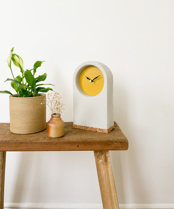 Handmade Concrete Grey & Mustard Desk Clock with Cork Base