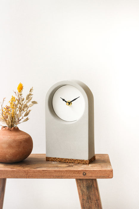 Handmade Concrete Grey & White Desk Clock with Cork Base