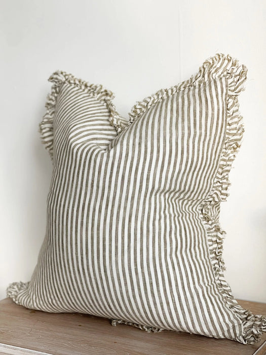 Hallie Olive Stripe Ruffle Linen Cushion - 53x53cm