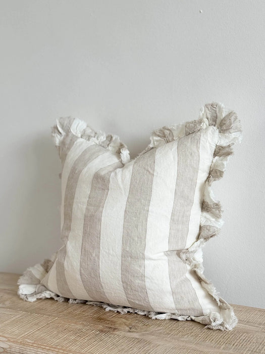 Hallie Natural Wide Stripe Ruffle Linen Cushion - 45x45cm