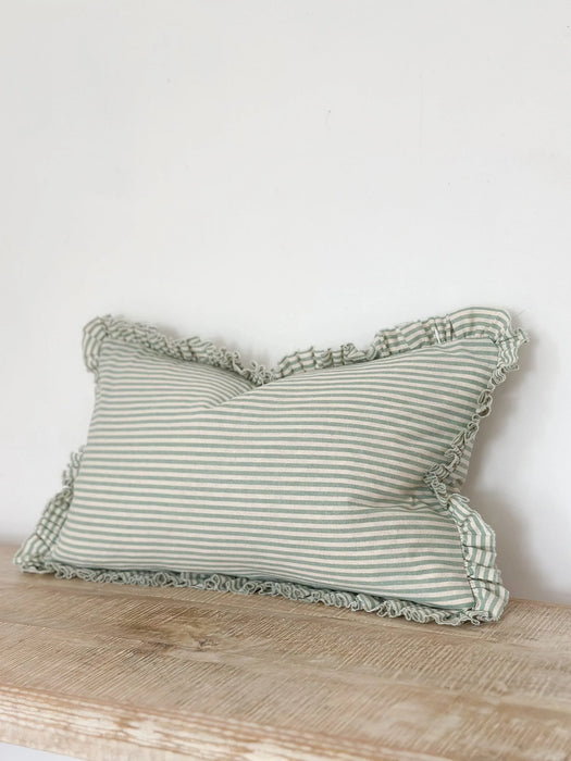 Darcy Sage Green Stripe Ruffle Cushion - 50x30cm