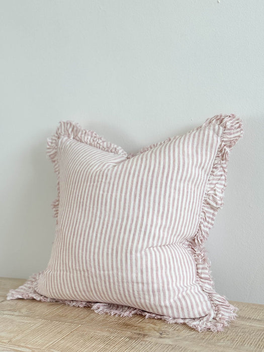 Hallie Pink Stripe Ruffle Linen Cushion - 45x45cm
