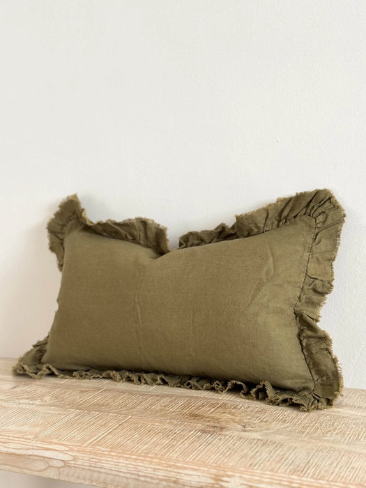 Hallie Olive Ruffle Linen Cushion - 50x30cm