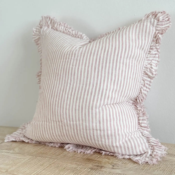 Hallie Pink Stripe Ruffle Linen Cushion - 45x45cm