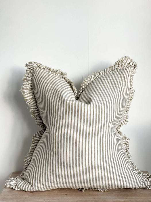 Hallie Olive Stripe Ruffle Linen Cushion - 53x53cm