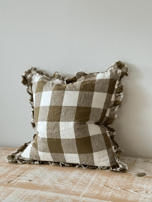 Hallie Olive Gingham Ruffle Linen Cushion - 45x45cm