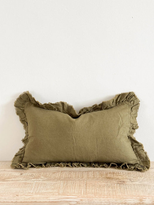 Hallie Olive Ruffle Linen Cushion - 50x30cm