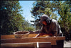 Person wearing a hat working outdoors in a forested area