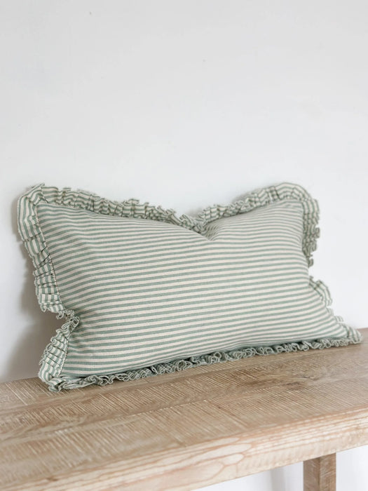 Darcy Sage Green Stripe Ruffle Cushion - 50x30cm