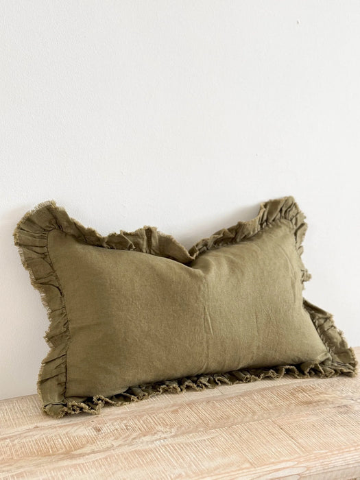 Hallie Olive Ruffle Linen Cushion - 50x30cm