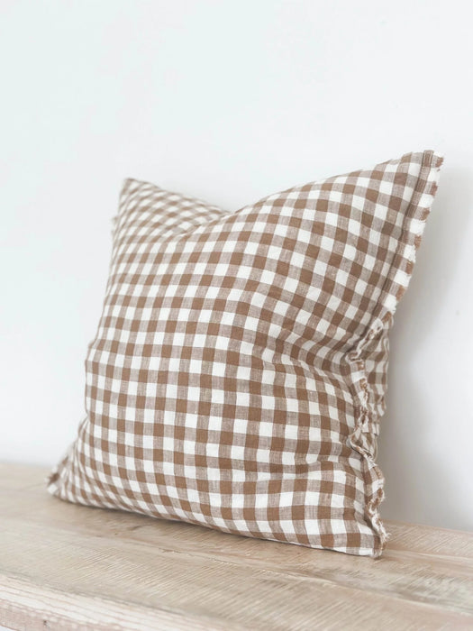 Esmee Linen Frayed Edge Brown Gingham Cushion - 45x45cm