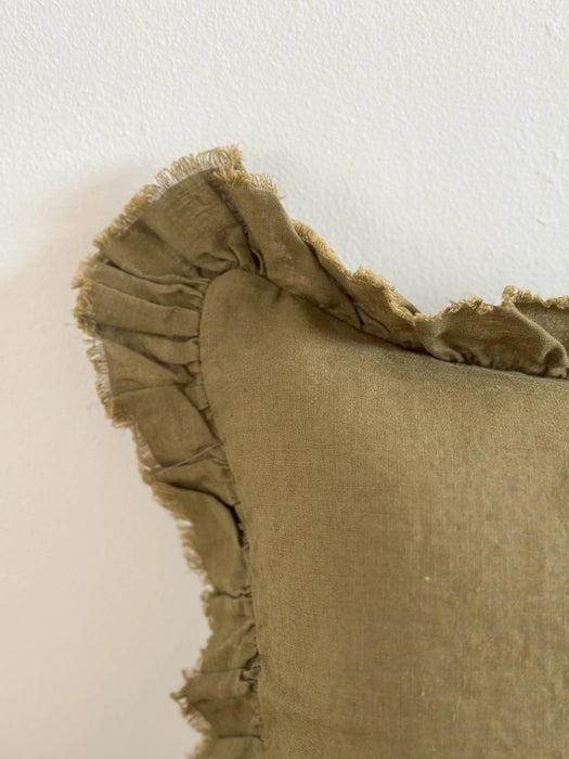 Hallie Olive Ruffle Linen Cushion - 50x30cm