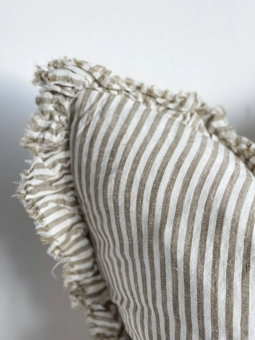 Hallie Olive Stripe Ruffle Linen Cushion - 53x53cm