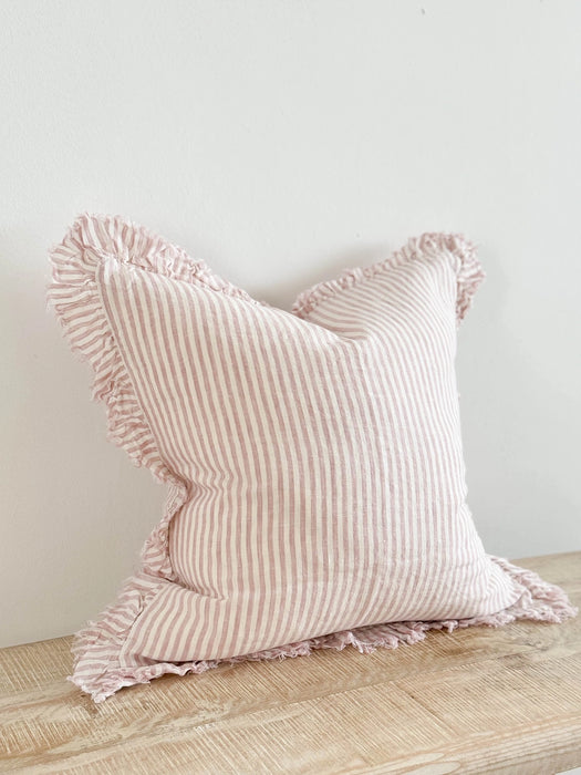 Hallie Pink Stripe Ruffle Linen Cushion - 45x45cm