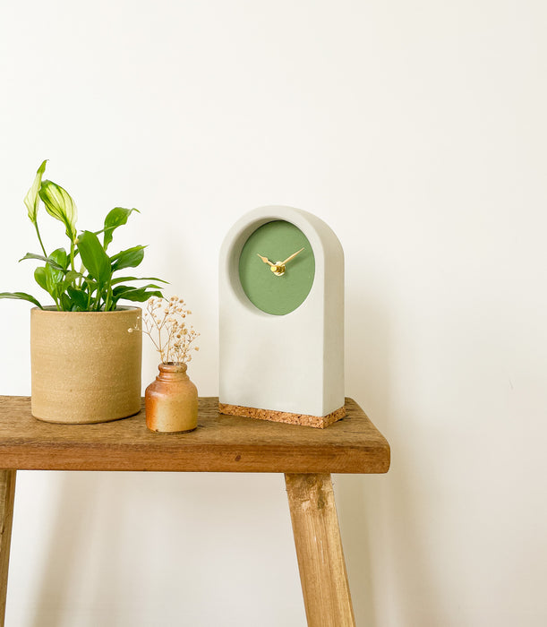 Handmade Concrete Grey & Green Desk Clock with Cork Base