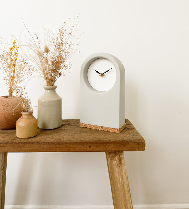 Handmade Concrete Grey & White Desk Clock with Cork Base