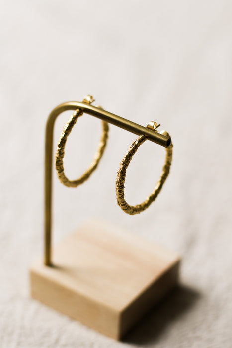 Gold hoop earrings on a wooden stand against a light background