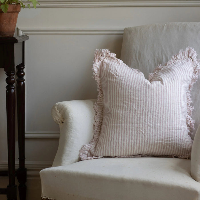 Hallie Pink Stripe Ruffle Linen Cushion - 45x45cm