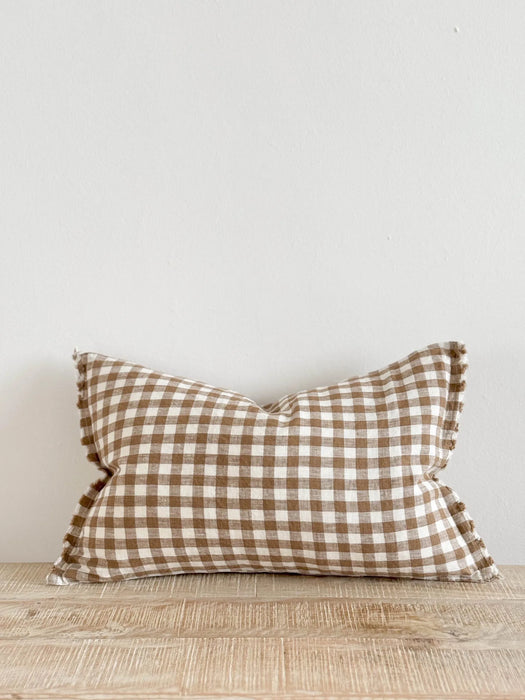 Esmee Brown Gingham Ruffle Linen Cushion - 50x30cm