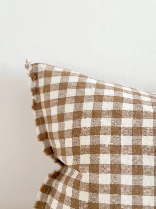 Esmee Brown Gingham Ruffle Linen Cushion - 50x30cm