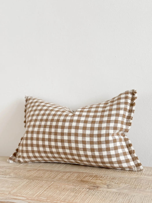 Esmee Brown Gingham Ruffle Linen Cushion - 50x30cm