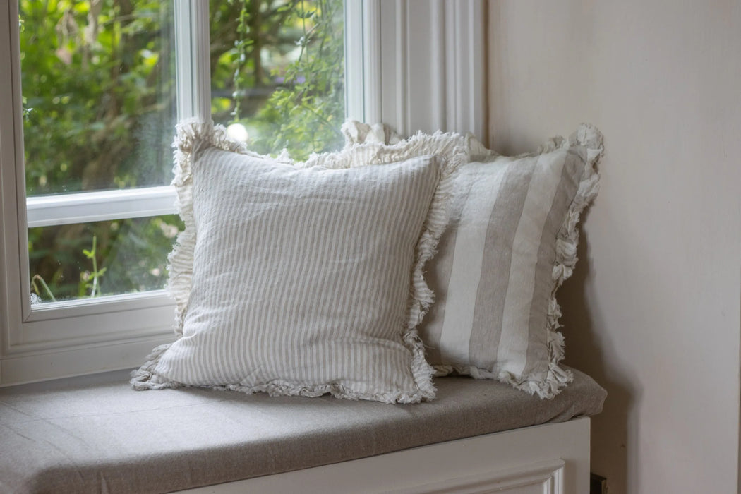 Hallie Natural Wide Stripe Ruffle Linen Cushion - 45x45cm