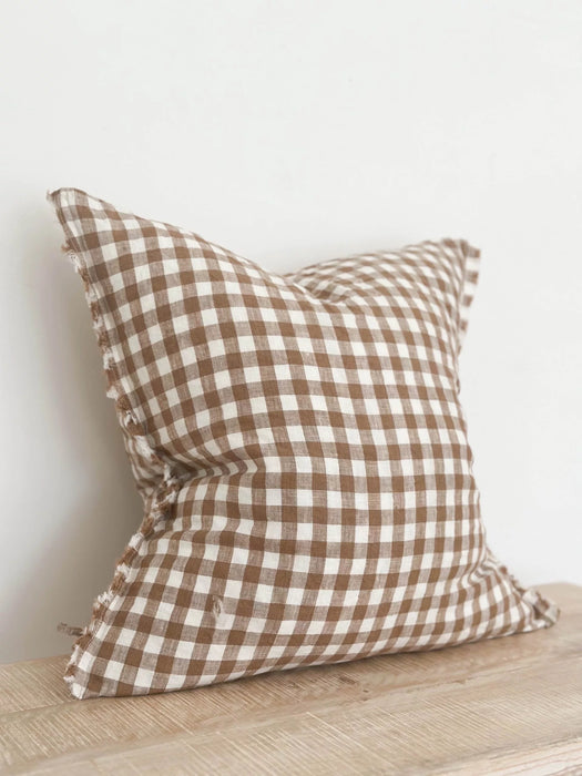 Esmee Linen Frayed Edge Brown Gingham Cushion - 45x45cm