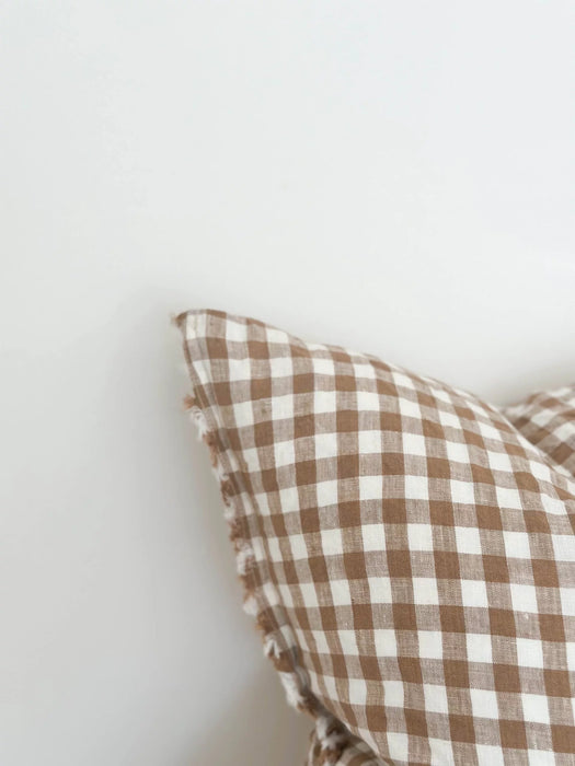 Esmee Linen Frayed Edge Brown Gingham Cushion - 45x45cm