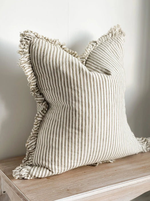 Hallie Olive Stripe Ruffle Linen Cushion - 53x53cm