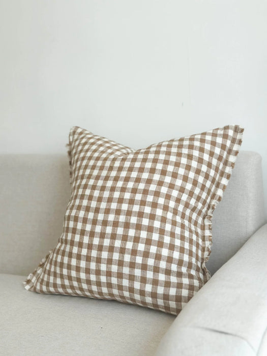 Esmee Frayed Edge Brown Gingham Linen Cushion - 45x45cm