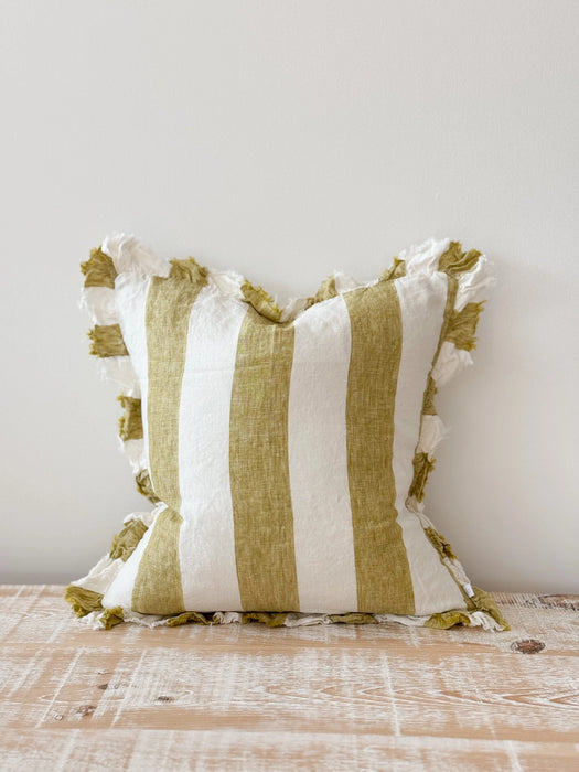 Hallie Light Olive Wide Stripe Ruffle Linen Cushion - 45x45cm