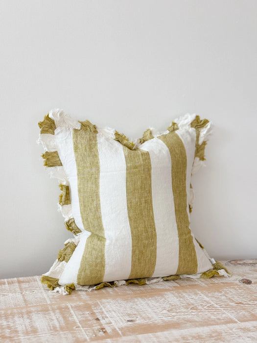 Hallie Light Olive Wide Stripe Ruffle Linen Cushion - 45x45cm