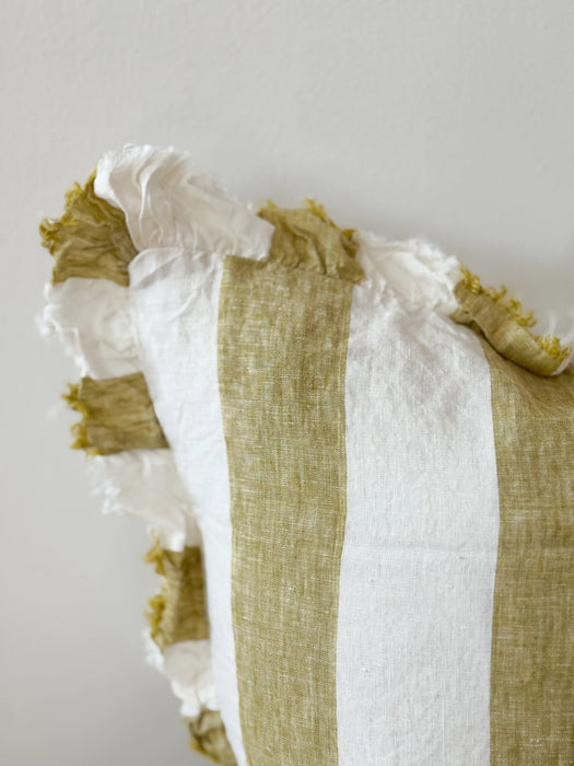 Hallie Light Olive Wide Stripe Ruffle Linen Cushion - 45x45cm