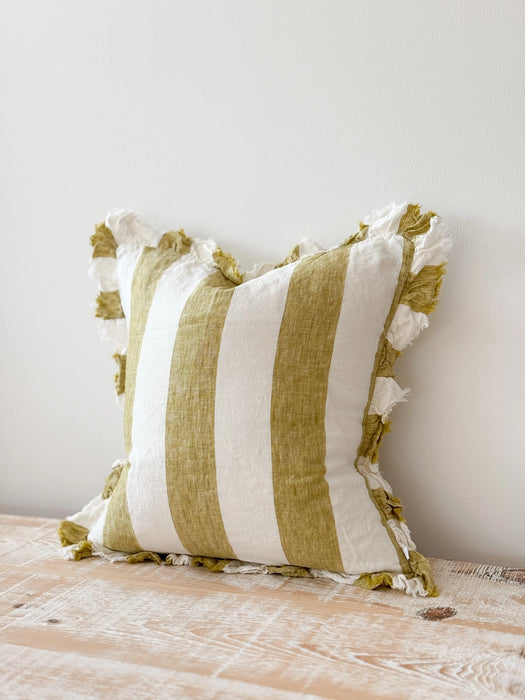 Hallie Light Olive Wide Stripe Ruffle Linen Cushion - 45x45cm