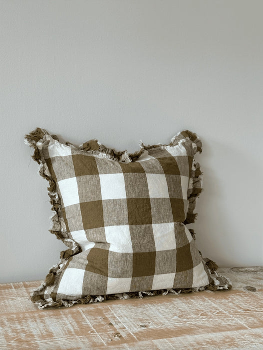 Hallie Olive Gingham Ruffle Linen Cushion - 45x45cm