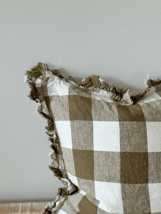 Hallie Olive Gingham Ruffle Linen Cushion - 45x45cm