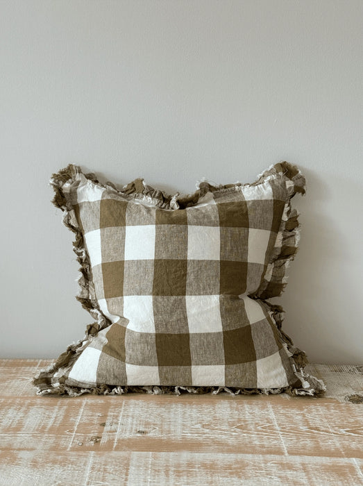 Hallie Olive Gingham Ruffle Linen Cushion - 45x45cm
