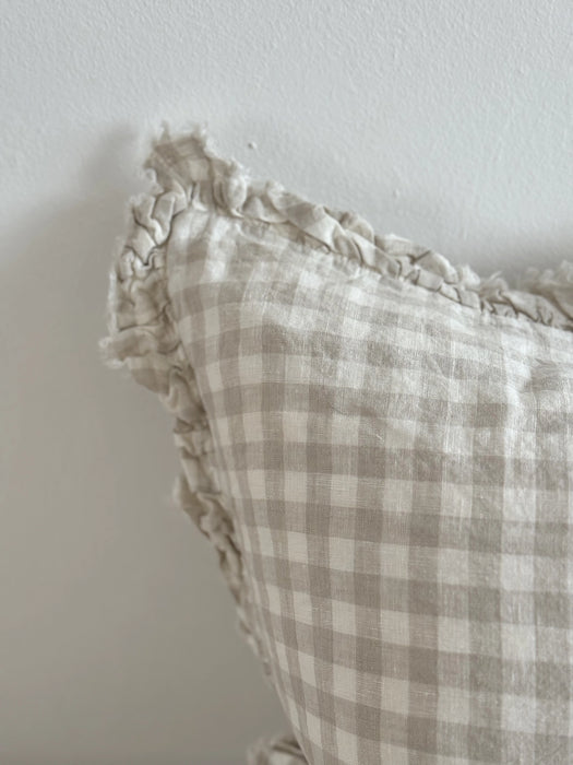 Hallie Natural Gingham Ruffle Linen Cushion - 45x45cm