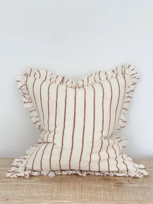 Hallie Brown & Cream Stripe Ruffle Linen Cushion - 45x45cm