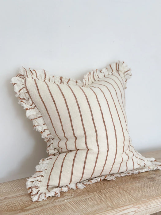 Hallie Brown & Cream Stripe Ruffle Linen Cushion - 45x45cm