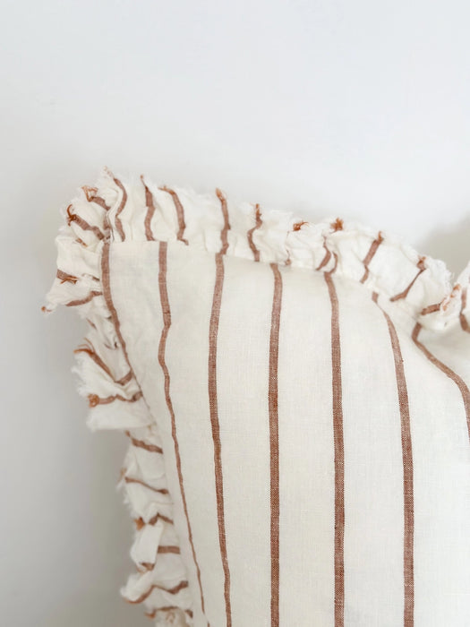 Hallie Brown & Cream Stripe Ruffle Linen Cushion - 45x45cm