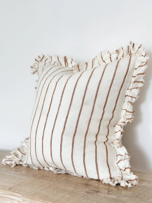 Hallie Brown & Cream Stripe Ruffle Linen Cushion - 45x45cm