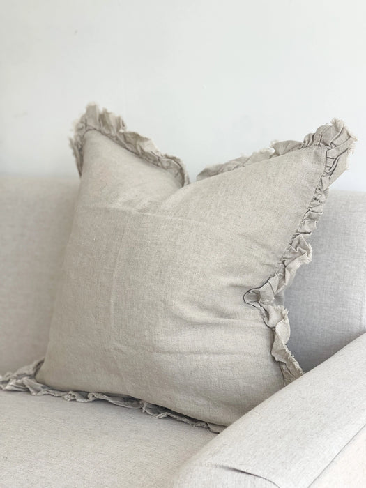 Hallie Natural Beige Ruffle Linen Cushion - 53x53cm
