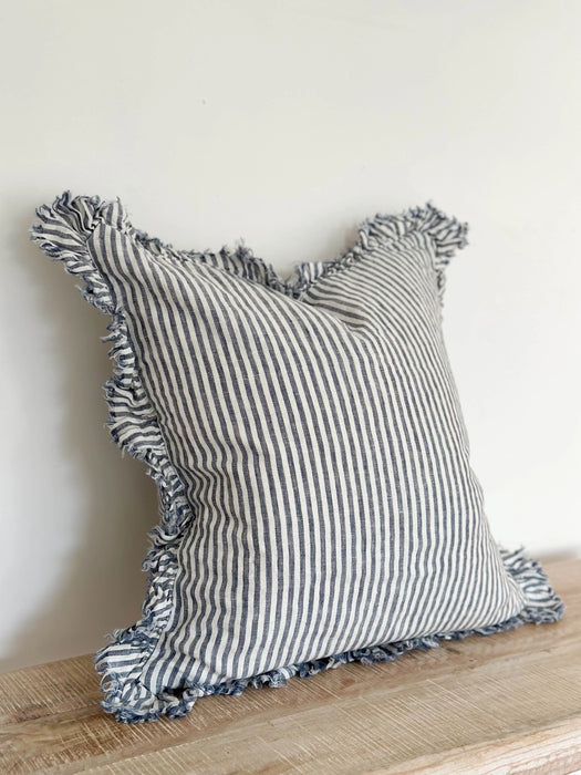 Hallie Navy Stripe Ruffle Linen Cushion - 45x45cm