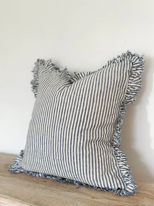 Hallie Navy Stripe Ruffle Linen Cushion - 45x45cm