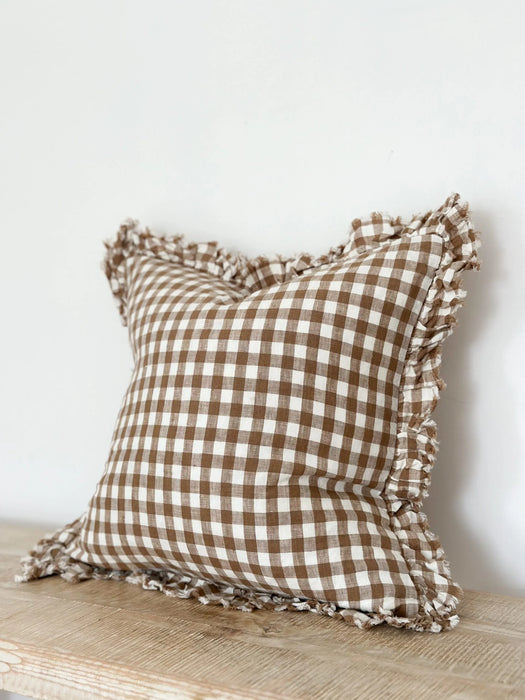 Hallie Brown Gingham Ruffle Linen Cushion - 53x53cm