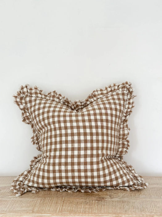 Hallie Brown Gingham Ruffle Linen Cushion - 53x53cm