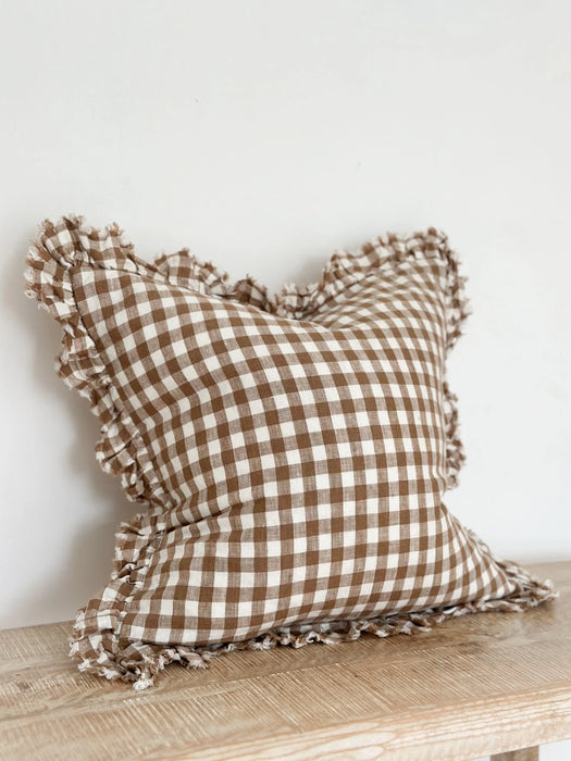 Hallie Brown Gingham Ruffle Linen Cushion - 53x53cm