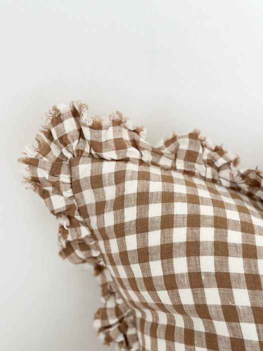 Hallie Brown Gingham Ruffle Linen Cushion - 53x53cm