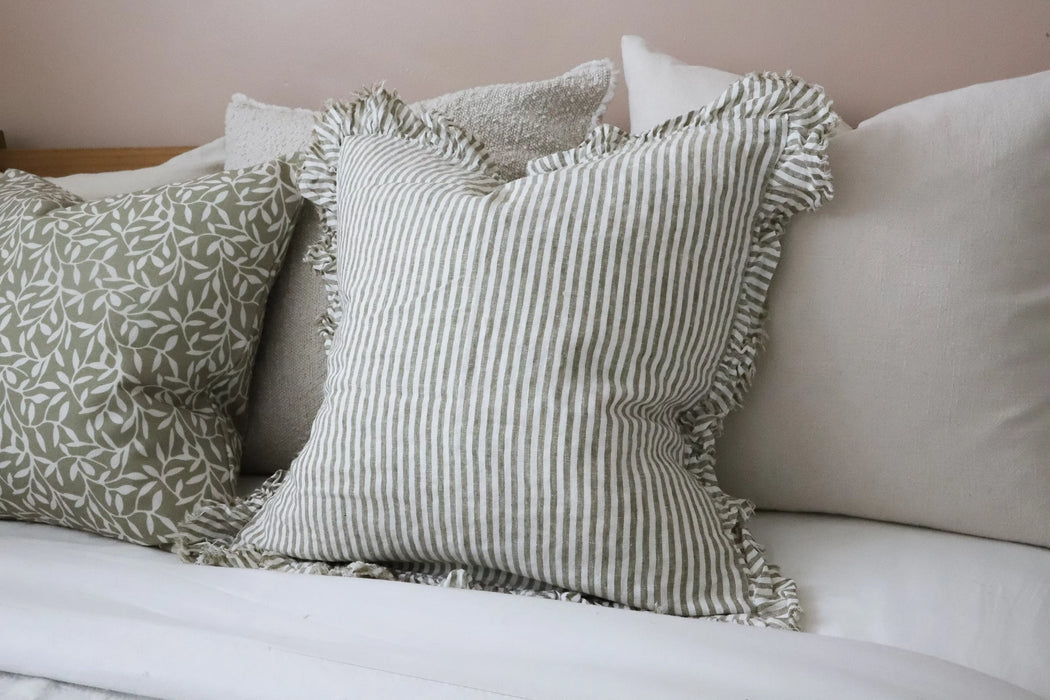 Hallie Olive Stripe Ruffle Linen Cushion - 45x45cm